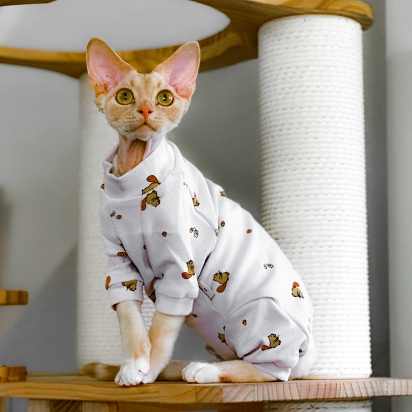 One Piece For Sphynx Cat, Purple Rose Pattern Cat Clothing, Adorable Pure Cotton Clothes, Hairless Cat Pajama For All Season