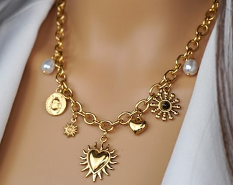 Hartvormige ketting van goud met dikke schakels, gemaakt van roestvrij staal. Hartvormige hanger voor dames, verjaardagscadeau voor haar, alledaags sieraad, zonnehanger.
