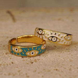 Gold Evil Eye Ring Stainless Steel Ring Everyday Ring Gift for Mom Evil Eye Jewelry Dainty Ring Protection Ring Adjustable Ring Blue & White