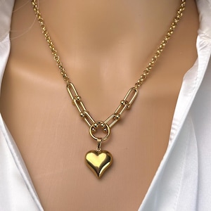 Gold Heart Necklace Gold Chunky Chain Necklace STAINLESS STEEL Silver Heart Charm Necklace For Women Birthday Gift For Her Everyday Jewelry