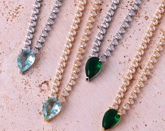 18K Gold Plated Zircon Tennis Chain Necklace Rhinestone Necklace CZ Tennis Necklace Moissanite Diamond Tennis Chain 40cm Wedding Necklace