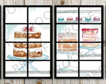 May include: Four framed watercolor paintings of various cakes and pastries displayed in a bakery window. The paintings include cupcakes, cakes, macarons, and muffins.