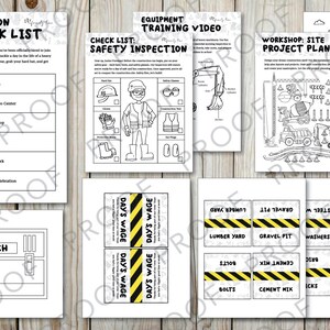 May include: Black and white printable construction crew task list, equipment training video, workshop site project planning, and day's wage cards. The printable sheets feature a construction worker, a crane, a cement mixer, and a lunchbox.
