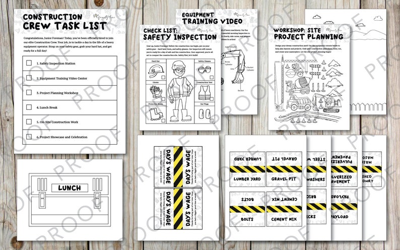 May include: Black and white printable construction crew task list, equipment training video, workshop site project planning, and day's wage cards. The printable sheets feature a construction worker, a crane, a cement mixer, and a lunchbox.