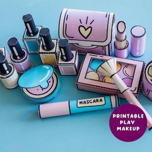 May include: A printable play makeup set with a pink purse, eyeshadow palette, nail polish bottles, lipstick, mascara, and a powder compact. The set is designed for pretend play and features colorful illustrations.