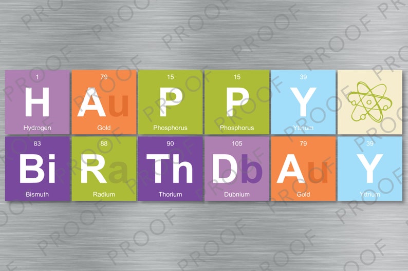 May include: A colorful graphic with the word "HAPPY" spelled out using the chemical symbols and names for elements. The graphic also includes a stylized atom symbol.
