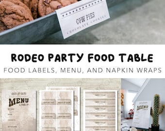 My First Rodeo Birthday Party Western-Themed Food Labels, Menus & Cutlery Wraps - Editable Digital Printables for Rustic Party Decor
