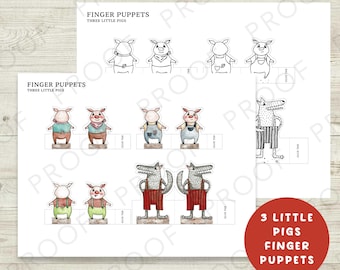The Three Little Pigs Finger Puppets - Printable PDF Set | Instant Download | Storytelling, Imaginative Play, Puppet Shows | Color or B&W