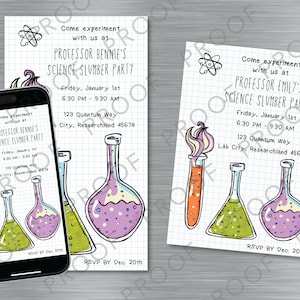 May include: Two printable invitations for a science-themed slumber party. The invitations feature a grid background with cartoon beakers and test tubes. The text on the invitations reads "Come experiment with us at Professor Bennie's Science Slumber Party" and "Come experiment with us at Professor Emily's Science Slumber Party".