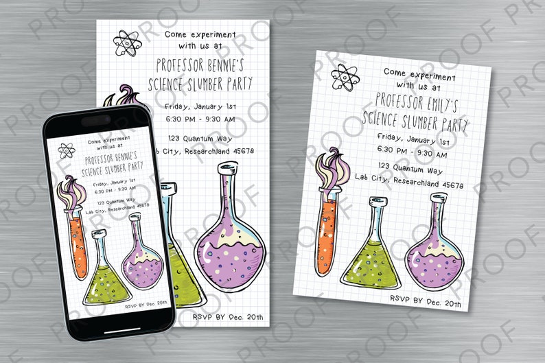 May include: Two printable invitations for a science-themed slumber party. The invitations feature a grid background with cartoon beakers and test tubes. The text on the invitations reads "Come experiment with us at Professor Bennie's Science Slumber Party" and "Come experiment with us at Professor Emily's Science Slumber Party".