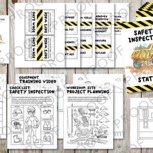 May include: A printable set of construction-themed party decorations for a child's birthday. The set includes invitations, activity sheets, and signs with a yellow and black striped design. The invitations feature a cartoon dump truck and the text "Two". The activity sheets include a construction crew task list, equipment training video checklist, and a workshop site project planning sheet. The signs include "Safety Inspection Station" and "Lunch".