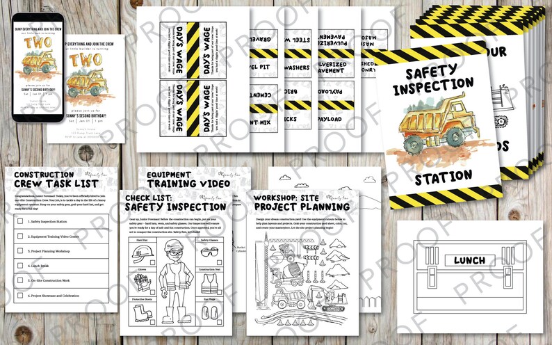 May include: A printable set of construction-themed party decorations for a child's birthday. The set includes invitations, activity sheets, and signs with a yellow and black striped design. The invitations feature a cartoon dump truck and the text "Two". The activity sheets include a construction crew task list, equipment training video checklist, and a workshop site project planning sheet. The signs include "Safety Inspection Station" and "Lunch".