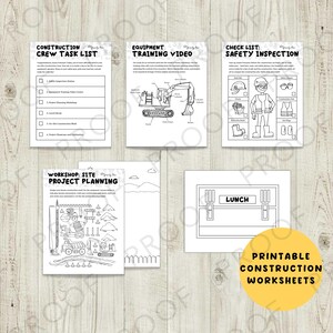 May include: Black and white printable construction worksheets for kids. The worksheets include a crew task list, equipment training video, safety inspection checklist, site project planning, and a lunchbox.