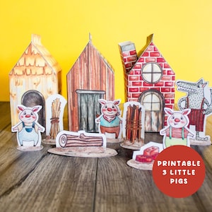 Set stampabile della casa dei 3 porcellini / Download immediato / Narrazione, gioco di fantasia, spettacoli di burattini / Opzioni a colori o in bianco e nero