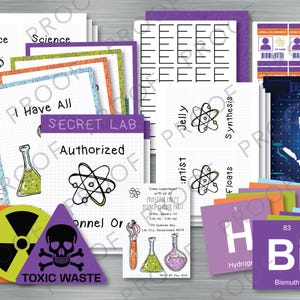May include: A set of printable party decorations for a science-themed party. The decorations include a sign that says "Secret Lab Authorized", a sign that says "I Have All Floats", a sign that says "Jelly Synthesis", a sign that says "Come experiment with me at Professor Emily's Science Extravaganza Party", a sign that says "Scan to Enter", and a sign that says "Biohazard Toxic Waste".