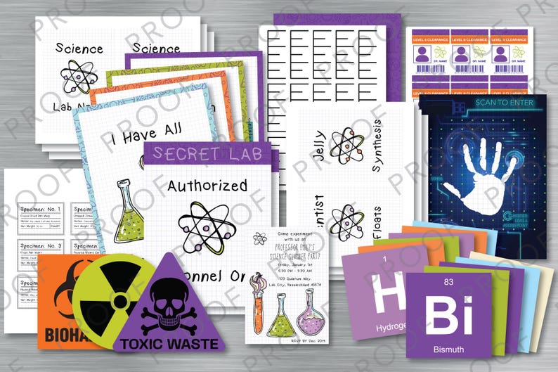 May include: A set of printable party decorations for a science-themed party. The decorations include a sign that says "Secret Lab Authorized", a sign that says "I Have All Floats", a sign that says "Jelly Synthesis", a sign that says "Come experiment with me at Professor Emily's Science Extravaganza Party", a sign that says "Scan to Enter", and a sign that says "Biohazard Toxic Waste".