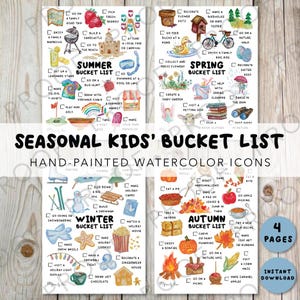 Könnte beinhalten: Vier druckbare Seiten mit Aquarell-Illustrationen von saisonalen Aktivitäten für Kinder. Jede Seite enthält eine Bucket List mit Kontrollkästchen für Aktivitäten wie Schneemann bauen, einen Spaziergang in der Natur machen und ein Lebkuchenhaus dekorieren.