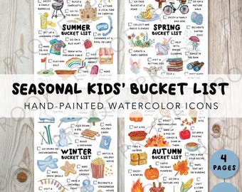 Lista de actividades de temporada para niños: iconos de acuarela pintados a mano para primavera, verano, otoño e invierno / Descarga digital instantánea