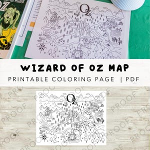 May include: A black and white map of the Wizard of Oz, featuring the Emerald City, mountains, and forests. The text "WIZARD OF OZ MAP PRINTABLE COLORING PAGE | PDF" is displayed in bold, black letters.