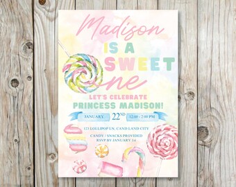 May include: A colourful invitation for a first birthday party with the text "Madison is a sweet one". The invitation features a watercolour background with a large lollipop and other candy illustrations. The party details include the date, time, and location.