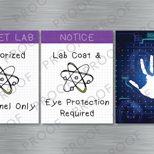 May include: Three signs with a science lab theme. The first sign says "Secret Lab" with an atom symbol and the text "Authorized Personnel Only". The second sign says "Notice" with an atom symbol and the text "Lab Coat & Eye Protection Required". The third sign says "Scan to Enter" with a blue background and a white handprint.