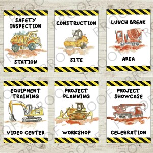 May include: Six construction themed printable signs with yellow and black stripes. Each sign features a different construction vehicle and a title. The titles are: Safety Inspection Station, Construction Site, Lunch Break Area, Equipment Training Video Center, Project Planning Workshop, and Project Showcase Celebration.