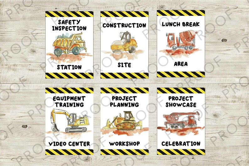 May include: Six construction themed printable signs with yellow and black stripes. Each sign features a different construction vehicle and a title. The titles are: Safety Inspection Station, Construction Site, Lunch Break Area, Equipment Training Video Center, Project Planning Workshop, and Project Showcase Celebration.