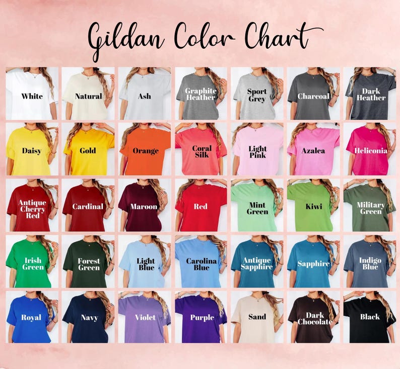 May include: A color chart titled "Gildan Color Chart" displays various t-shirt colors, including white, black, and shades of blue, green, and red. The chart showcases a range of hues, from light to dark, with each color labeled.