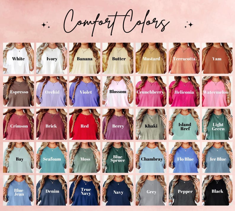 May include: A color chart featuring a variety of Comfort Colors t-shirts. The image displays a range of colors, including white, ivory, red, blue, and black, with each color labeled. The text "Comfort Colors" is at the top.