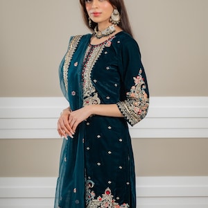 Fluwelen groen Pakistaanse zware Salwar Kameez kant en klare voor vrouwen, geborduurd Kurta Palazzo set klaar om te dragen pak bruiloft bruidsmeisjesjurk