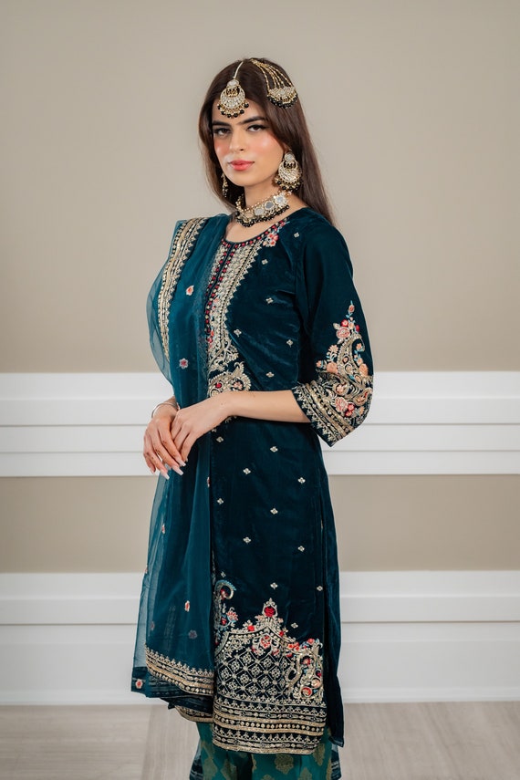 velvet green Pakistani Heavy Salwar Kameez Readymade For Women, Embroidered Kurta Palazzo Set Ready To Wear Suit Wedding Bridesmaids Dress