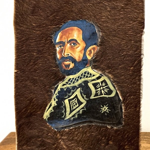 King Haile Selassie African Traditional Wall Art Painting on Leather - Ethiopian Emperor - Rastafari Rastafarian