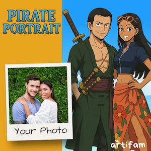Custom Pirate Wanted Anime Portrait | Personalized Pirate Style Art | Birthday and Anniversary Gift For Anime Couple