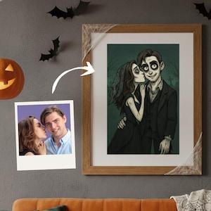 May include: A framed art print shows a gothic-style couple, with the woman kissing the man. The artwork is in a wooden frame, and the wall is decorated with Halloween bats and a pumpkin. The image has a spooky theme.