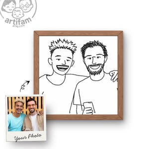 May include: A wooden framed black and white line drawing of two people smiling, one with an arm around the other. A small photo with the text "Your Photo" is attached. The artifam.etsy.com logo is in the upper left corner.