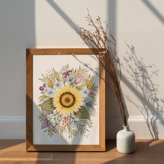 Floral Sunflower Watercolor Print | Colorful Wall Art | Watercolor Painting | Botanical Art | Physical Print | AcuarelaMagica
