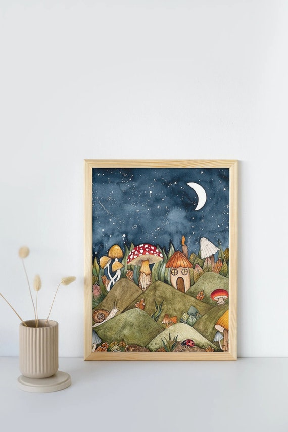 Mushroom Landscape Watercolor Print | Colorful Wall Art | Watercolor Painting | Nature Art | Physical Print | AcuarelaMagica