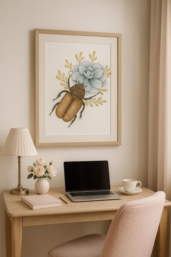 Beetle Flower Watercolor Print  Botanical Insect Art Print Romantic Cottagecore Wall Art Gift for Nature Lover