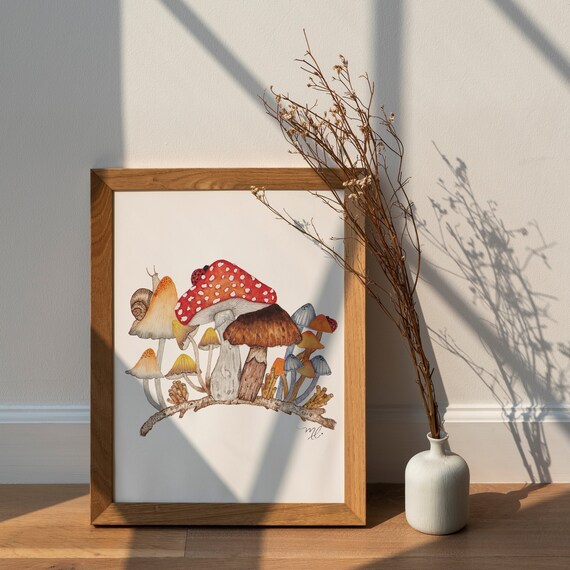 Mushroom Watercolor Print | Colorful Wall Art | Watercolor Painting | Botanical Art | Physical Print | AcuarelaMagica