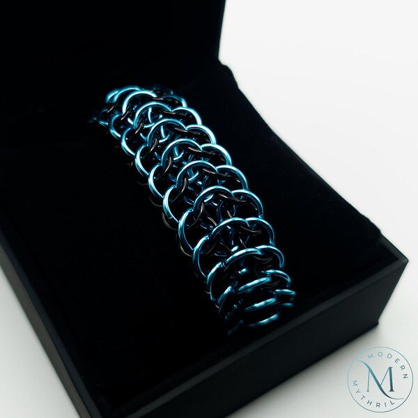 Handmade Blue Anodized Aluminum Chainmail Bracelet with Magnetic Clasp