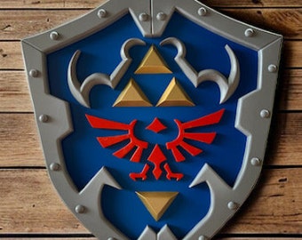 May include: A blue and silver shield with a gold and red emblem. The emblem features a stylised bird with wings spread and a triangular design with three points.