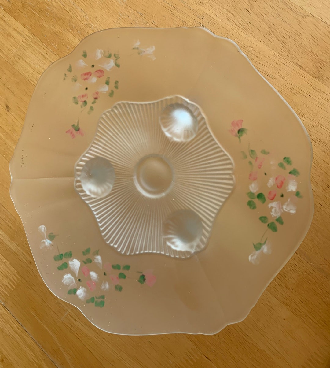 Satin Frosted Handpainted Glass Dish/ Shallow Bowl Vintage 1930s