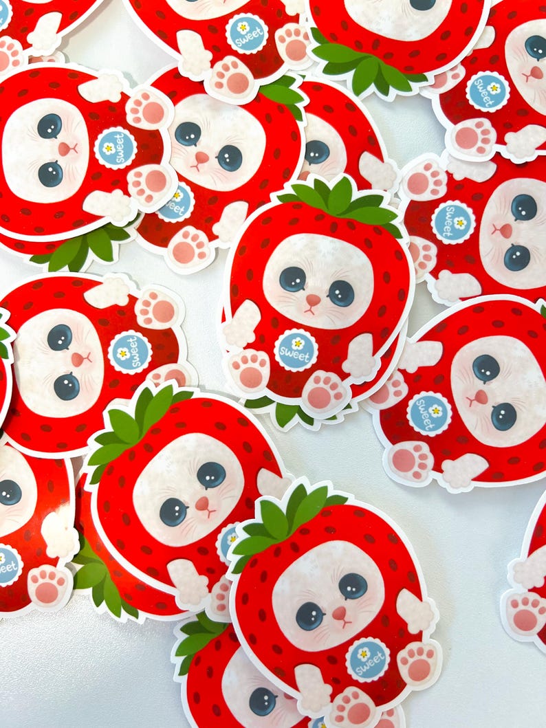 Strawberry Cat Sticker, Cute Sweet Kitten, Kawaii Kitty, Silly Cat ...