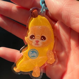 Banana Cat Keychain: Glitter Epoxy Charm with Star Clasp