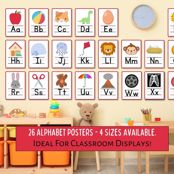 ABC Poster Pack Printable, Classroom Alphabet Display, Bulletin Board Posters, Teacher Elementary School Display Cards,Homeschool ABC Boards
