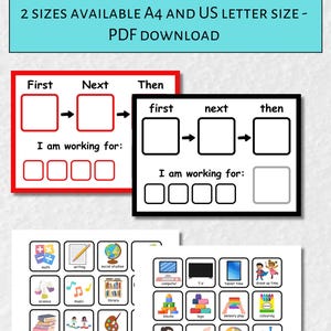 May include: A set of First Next Then boards with 72 activity icons. The boards feature blank squares for sequencing and an I am working for section. Text includes 6 FIRST NEXT THEN BOARDS WITH 72 ACTIVITIES. 2 SIZES AVAILABLE A4 AND US LETTER SIZE.