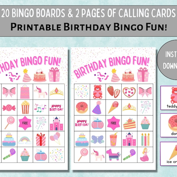 Birthday Bingo Printable Game,Birthday Bingo,Girls Birthday Activities Cards,Birthday Bingo Kids,Girls Party Bingo Cards,20 Kids Bingo Games