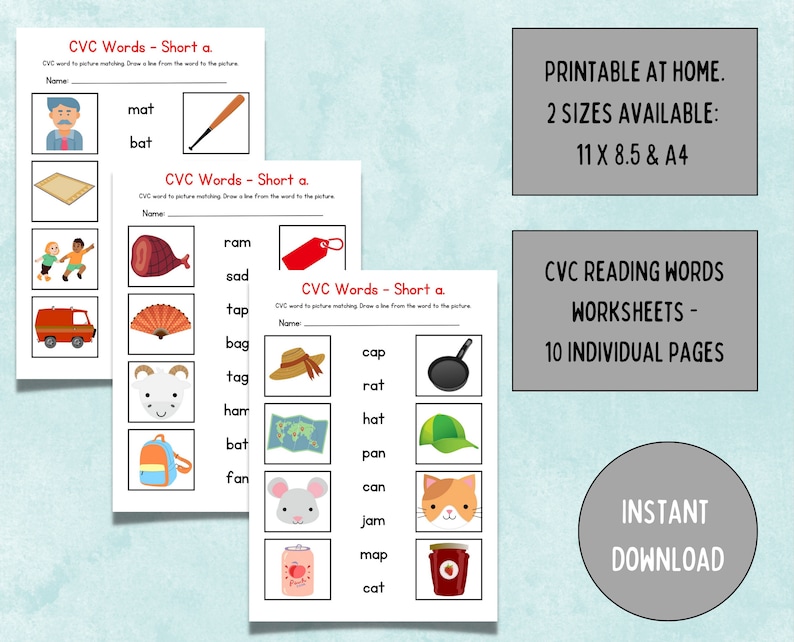 CVC Printable, CVC Worksheets, CVC Word Picture Cards, Learn to Read