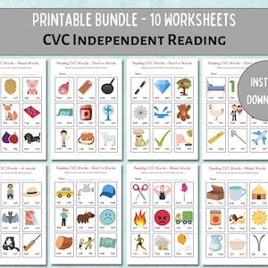 CVC imprimible, Hojas de trabajo CVC, Tarjetas ilustradas de palabras CVC, Aprender a leer, Jardín de infantes fonético, Aprender a deletrear, Lectura de escuela en casa Cvc