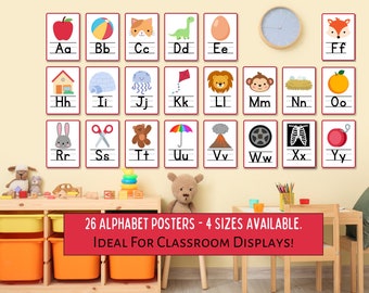 ABC Poster Pack Printable, Classroom Alphabet Display, Bulletin Board Posters, Teacher Elementary School Display Cards,Homeschool ABC Boards